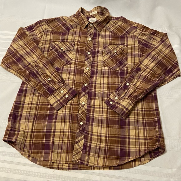 Fossil 54 Mens Vintage Fit Snap Brown Plaid Western Shirt - small hole - Size XL - Picture 1 of 6